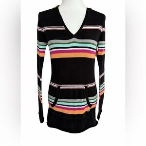Roxy Hoodie Sweater M Black Multicolor Striped Long Sleeve Kangaroo Pocket Y2K